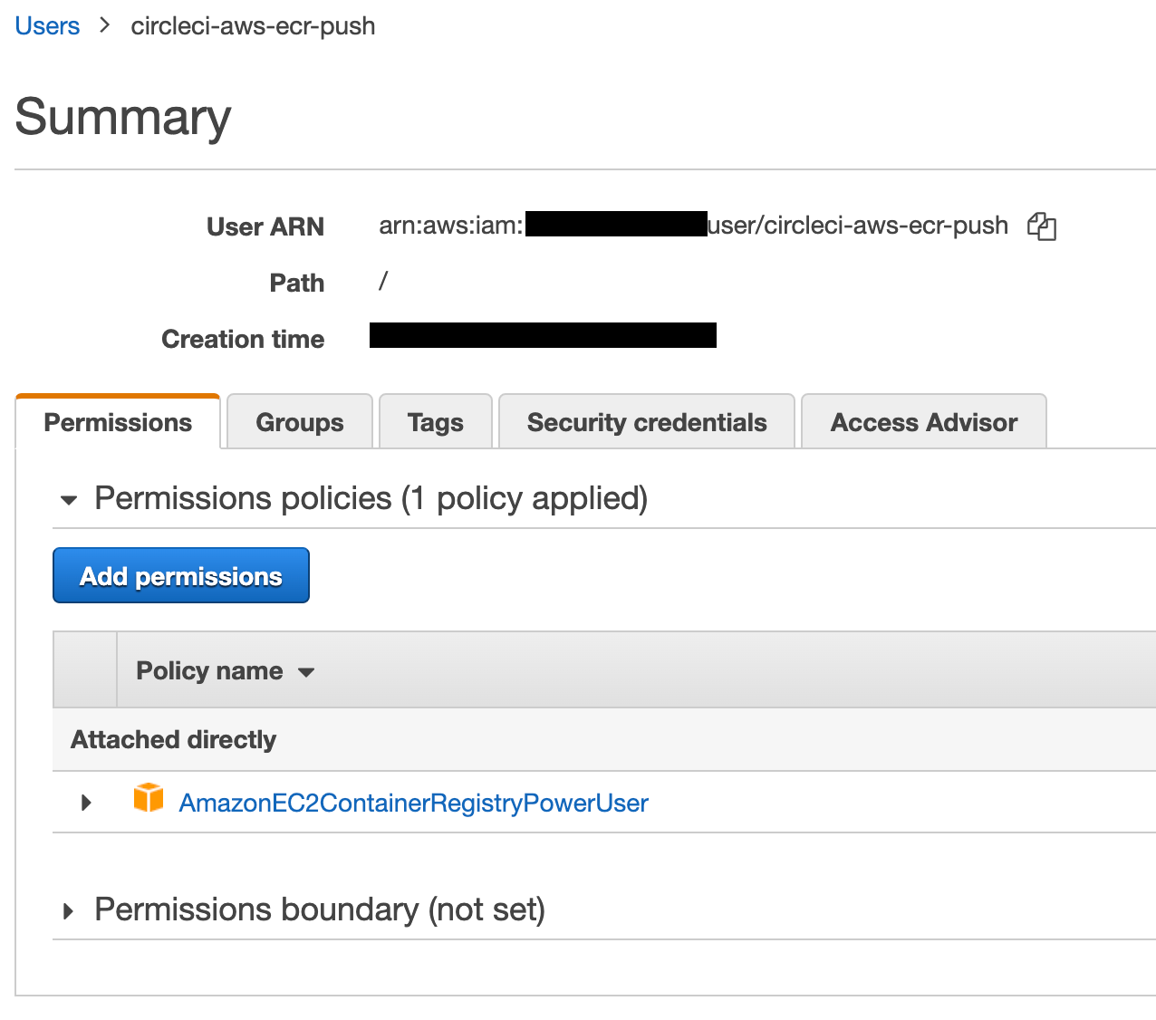 aws circle ci push permissions